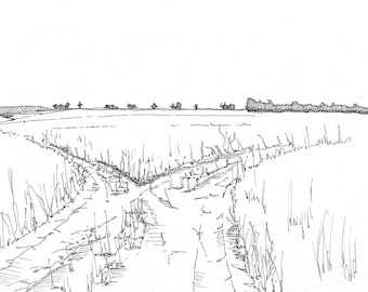 FORK in the ROAD - Dirt Road, Meadow, Path, Wander, Travel, Hiking, Pen and Ink, Drawing, Sketchbook, Landscape, Wyoming, Art, Drawn There