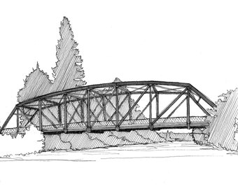 PRATT TRUSS BRIDGE - Truckee River, Reno, Nevada, Steel Bridge, Engineering, Art, Pen and Ink, Drawing, Painting, Sketchbook, Drawn There