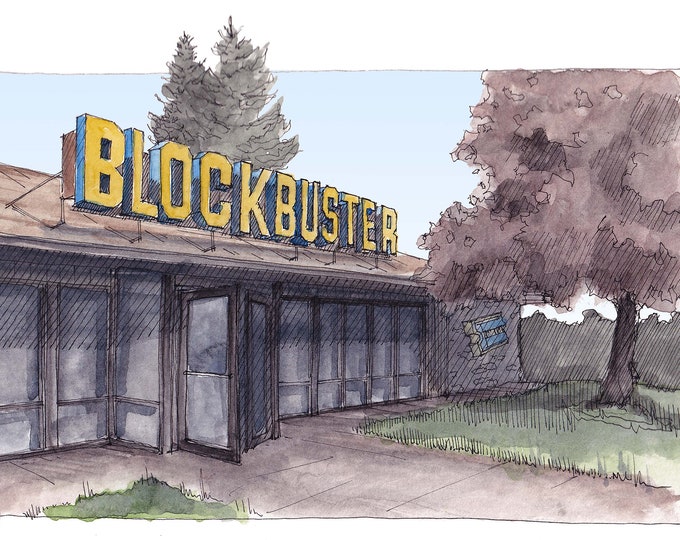 BLOCKBUSTER VIDEO - Bend, Oregon, Retro, Throwback, 90's Art, Video Rental Store, Drawing, Watercolor Painting, Sketchbook, Art, Drawn There