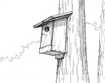 SIMPLE BIRDHOUSE - Birds, Nature, Tree, Bird Watching, Songbird, Drawing, Pen and Ink, Sketchbook, Art, Print, Drawn There