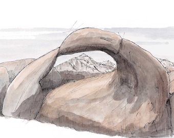 MOBIUS ARCH, Alabama HIlls, Sierra Nevada, California, Natural Arch, Rock Formation, Ink and Watercolor, Painting, Drawing, Art, Drawn There