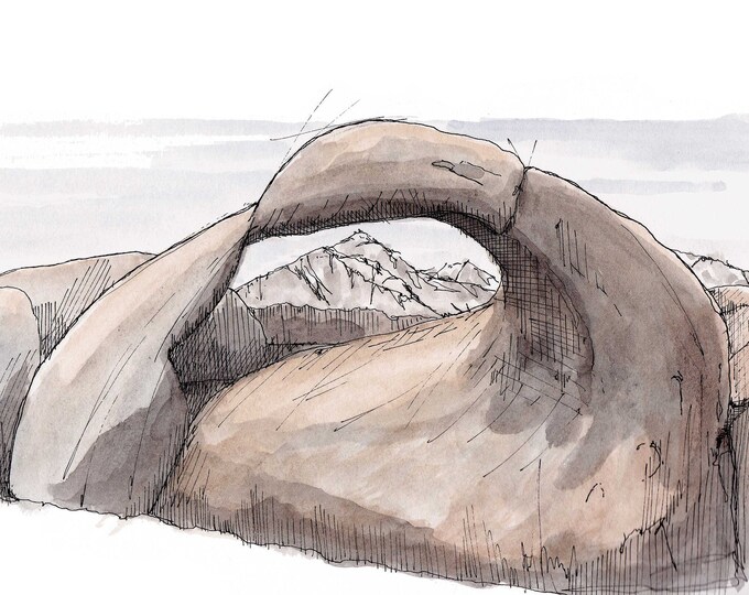 MOBIUS ARCH, Alabama HIlls, Sierra Nevada, California, Natural Arch, Rock Formation, Ink and Watercolor, Painting, Drawing, Art, Drawn There