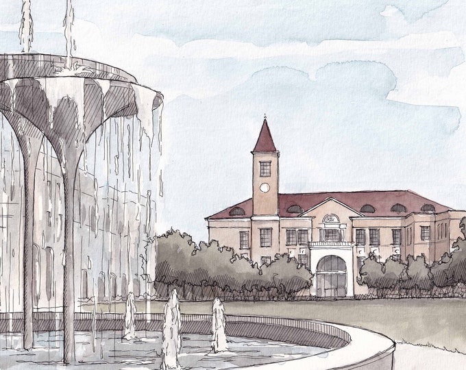 TEXAS CHRISTIAN UNIVERSITY - College Campus Quad, Fountain, Plein Air Watercolor Painting, Architecture,  Giclee Art Print, Drawn There