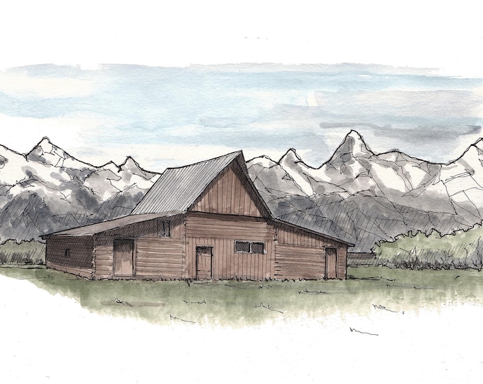 MORMON ROW WATERCOLOR - National Park, Wyoming, Barn, Mountains, Landscape, Art, Pen and Ink, Drawing, Painting, Sketchbook, Drawn There