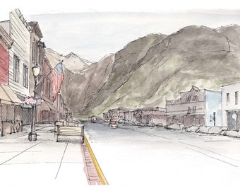 TELLURIDE COLORADO, Main Street - Ink and Watercolor, Painting, Drawing, Art, Sketchbook, Ski, Mountains, Architecture, Drawn There