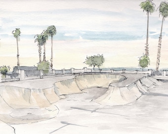 SKATE PARK Santa Barbara, Los Angeles, California - Ink and Watercolor, Drawing, Painting, Art Print, Sketchbook, Skateboarding, Drawn There
