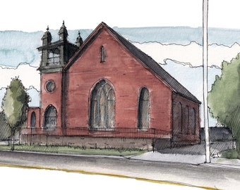 HATFIELD BOROUGH CHURCH - Hatfield, Pennsylvania, Brick Architecture, Drawing, Watercolor Painting, Sketchbook, Art Print, Drawn There