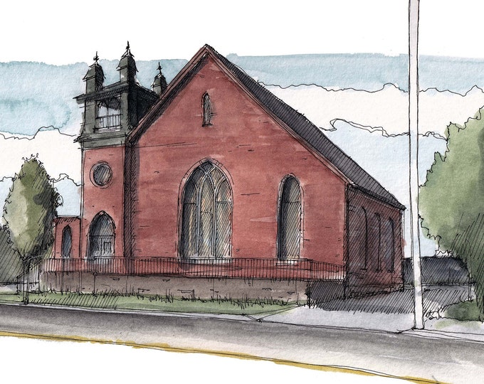 HATFIELD BOROUGH CHURCH - Hatfield, Pennsylvania, Brick Architecture, Drawing, Watercolor Painting, Sketchbook, Art Print, Drawn There