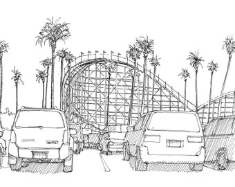 BELMONT PARK ROLLERCOASTER - Mission Beach, San Diego, Wooden Roller Coaster, Amusement Park, Drawing, Ink, Sketchbook, Art, Drawn There
