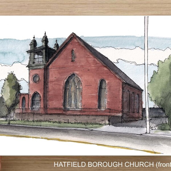 HATFIELD BOROUGH CHURCH - Hatfield, Pennsylvania, Brick Architecture, Drawing, Watercolor Painting, Sketchbook, Art Print, Drawn There
