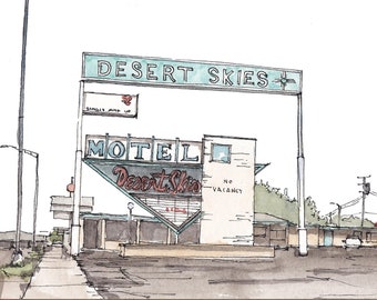 ROUTE 66 DESERT SKIES Motel - Roadside, Architecture, Sign, Drawing, Watercolor, Painting, Sketchbook, Art, Architecture, Drawn There
