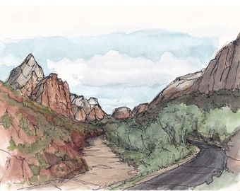 ZION VALLEY - Zion National Park, Virgin River, Utah, Mountains, Valley, Art, Ink and Watercolor, Drawing, Painting, Sketchbook, Drawn There