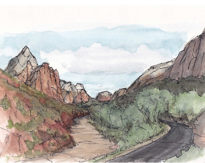 ZION VALLEY - Zion National Park, Virgin River, Utah, Mountains, Valley, Art, Ink and Watercolor, Drawing, Painting, Sketchbook, Drawn There