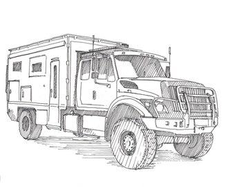 OVERLANDER TRUCK CAMPER - Global X, Overland, Adventure Vehicle, Off-Road, 4x4, Truck, Vanlife, Drawing, Pen & Ink, Sketchbook, Drawn There