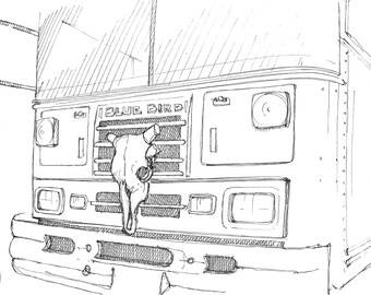 BLUE BIRD BUS - Cow Skull, Vanlife, Buslife, Roadtrip, School Bus, Skoolie, Pen and Ink Drawing, Sketchbook, Art Print, Drawn There