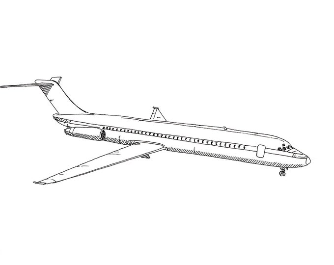 McDONNELL DOUGLAS AIRPLANE DC9 - Jet, Commercial Airliner, Fly, Travel, Flight, Ink Drawing, Line Drawing, Art, Print, Drawn There