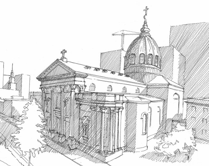 PHILADELPHIA CATHEDRAL BASILICA of Saints Peter and Paul - Ben Franklin Parkway, Church, Drawing, Pen and Ink, Architecture, Drawn There