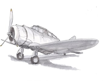 SEVERSKY P35 AIRPLANE - WWII, Fighter Plane, Military, Air Force, Ink Drawing, Watercolor Painting, Sketchbook, Art, Print, Drawn There