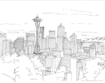 SPACE NEEDLE from Kerry Park - Seattle Skyline, Washington, Drawing, Pen and Ink, Sketchbook, Art, Architecture, Drawn There