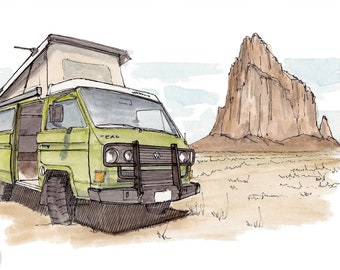SHIPROCK and CAMPER VAN - Utah, Natural Rock Formation, Navajo, Synchro, Ink and Watercolor, Drawing, Painting, Sketchbook, Drawn There
