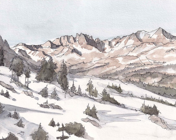 MINARET MOUNTAIN RANGE - Sierra Nevada, California, Snow, Winter, Hiking, Ink and Watercolor Plein Air Landscape Painting, Art, Drawn There