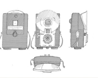 KODAK BROWNIE CAMERA - Starflash, Vintage Photography, Pen and Ink Drawing, Sketchbook, Art Print, Drawn There