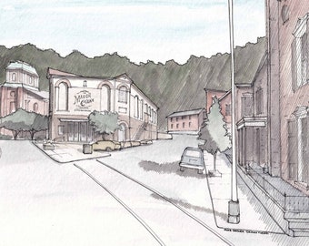 JIM THORPE PENNSYLVANIA - Opera House Square, Broadway, Drawing, Urbansketcher, Watercolor Painting, Sketchbook, Art, Print, Drawn There