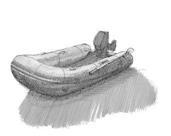 INFLATABLE BOAT - Raft, Dinghy, Zodiac, Beach, Mercury, Outboard Motor, Ink and Watercolor, Drawing, Painting, Sketchbook, Drawn There