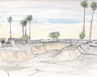 SANTA BARBARA SKATEPARK - Ink and Watercolor, Drawing, Painting, Sketchbook, Art Print, Skateboard, Palm Trees, Beach, Drawn There