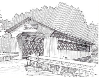 WOODEN COVERED BRIDGE - Vermont, Classic, Historic, Drawing, Pen and Ink, Line Drawing, Art Print, Sketchbook, Drawn There