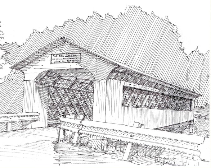 WOODEN COVERED BRIDGE - Vermont, Classic, Historic, Drawing, Pen and Ink, Line Drawing, Art Print, Sketchbook, Drawn There