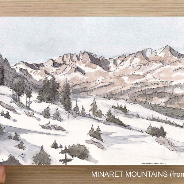 MINARET MOUNTAIN RANGE - Sierra Nevada, California, Snow, Winter, Hiking, Ink and Watercolor Plein Air Landscape Painting, Art, Drawn There