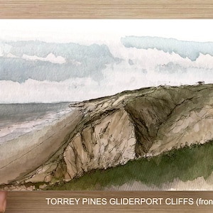 TORREY PINES CLIFFS- San Diego, La Jolla Gliderport, Pacific Ocean, Beach, Drawing, Plein Air Ink and Watercolor Painting, Art, Drawn There