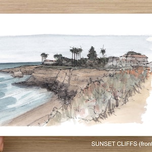 ACANTILADOS DEL ATARDECER - San Diego, Océano Pacífico, California, Pluma y tinta, Arte, Acuarela, Pintura, Dibujo, Cuaderno de bocetos, Dibujado allí