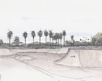 SKATE PARK Mission Bay, San Diego, California - Ink and Watercolor, Drawing, Painting, Art Print, Sketchbook, Skateboarding, Drawn There