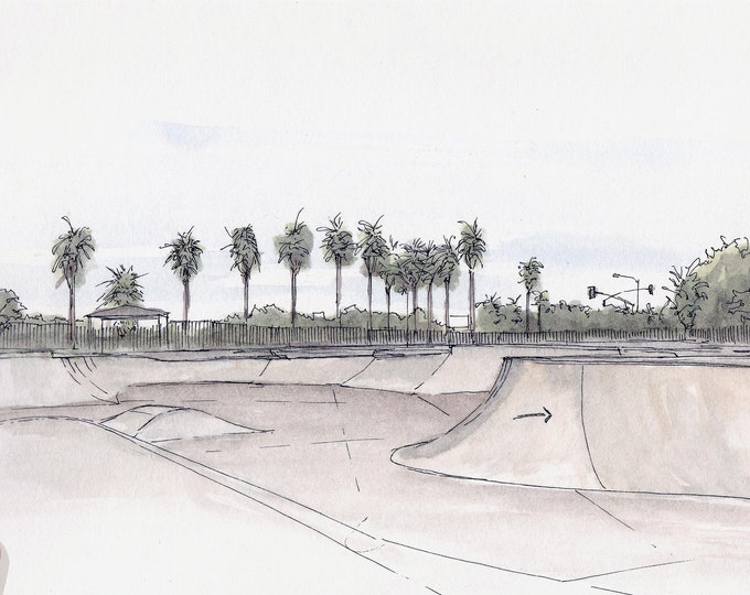 SKATE PARK Mission Bay, San Diego, California - Ink and Watercolor, Drawing, Painting, Art Print, Sketchbook, Skateboarding, Drawn There