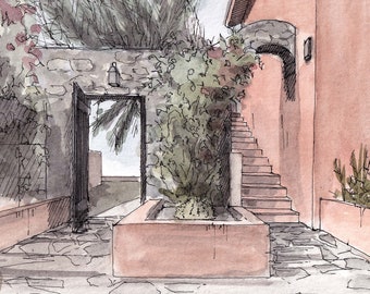 MEXICAN HOUSE ARCHWAY - Garden, Stone, Adobe Architecture, Flowers, Doorway, Drawing, Watercolor Painting, Art, Print, Drawn There