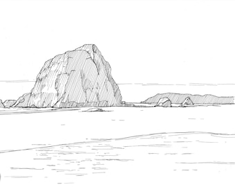 OREGON HAYSTACK ROCK - Cannon Beach, Ecola State Park, Ocean, Pacific Northwest, Pen and Ink, Drawing, Sketch, Art Print, Drawn There
