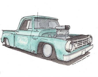 DODGE D100 HOTROD - Classic Car, Vintage Truck, Pickup Truck, Teal, Car Show, Drawing, Watercolor Painting, Sketchbook, Art, Drawn There