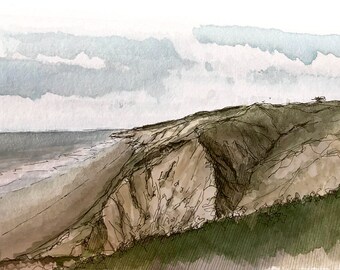 TORREY PINES CLIFFS- San Diego, La Jolla Gliderport, Pacific Ocean, Beach, Drawing, Plein Air Ink and Watercolor Painting, Art, Drawn There