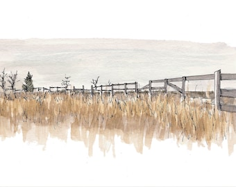 FIELD AND FENCE in Texas - Ink and Watercolor Landscape Painting, Drawing, Art Prints, Nature, Art, Sketchbook, Drawn There