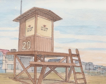 NEWPORT BEACH LIFEGUARD - California, Ocean, Orange County, Beach Patrol, Art Print, Drawing, Pen and Ink, Painting, Watercolor, Drawn There