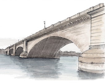 LONDON BRIDGE, Lake Havasu -  Ink and Watercolor, Art Prints, Drawing, Architecture, Painting, Plein Air, Stone, Arizona, Drawn There
