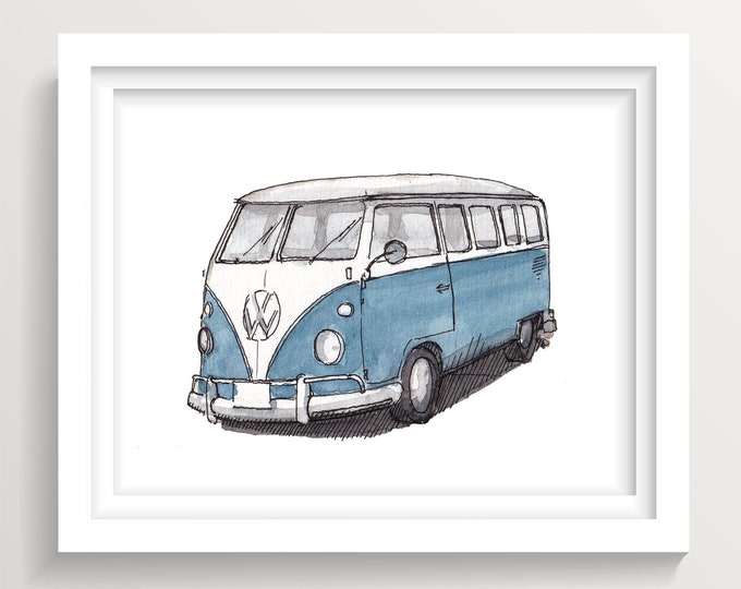 VINTAGE BUS - Blue Camper Van, Vanlife, Classic, Car, Plein Air Watercolor Painting, Drawing, Art Print, Drawn There