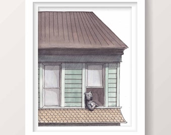 DOG IN WINDOW - Pitbull, Animal Art, House Architecture, Pet Portrait, Ink and Watercolor Drawing Painting, Giclee Print, Drawn There
