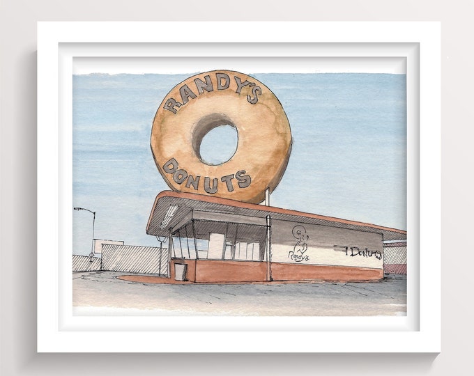 RANDYS DONUTS - Los Angeles, California, LA, Plein Air Ink and Watercolor Drawing Painting, Art Print, Urbansketchers, Drawn There