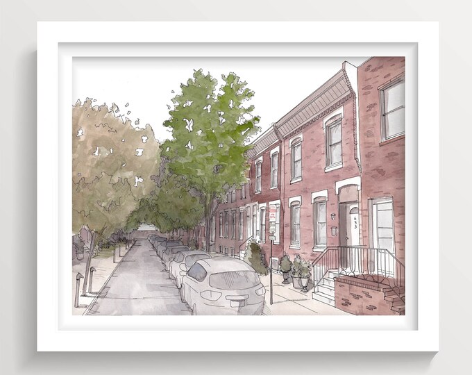PHILADELPHIA NEIGHBORHOOD STREET - Row Home, Trees, Ink & Watercolor Painting Drawing, Giclee Art Print, Urbansketchers, Drawn There
