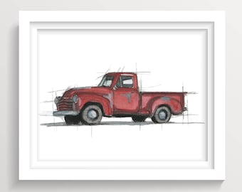 CLASSIC CHEVY PICKUP - Truck, Red, Vintage, Chevrolet, Drawing, Ink, Watercolor Painting, Sketchbook, Sketch, Art, Drawn There