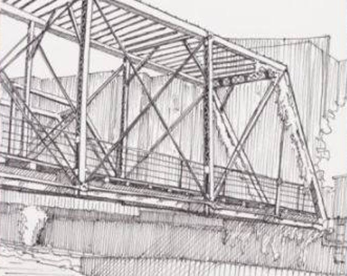 CHERRY CREEK BRIDGE - Denver, Colorado, Pen and Ink, Drawing, Sketchbook, Art Print, River, Steel Bridge, Drawn There