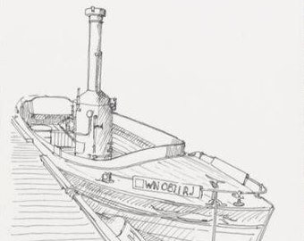 PUFFIN STEAM BOAT - Seattle, Washington, Steam Power, Wooden Boat, Drawing, Pen and Ink, Line Drawing, Art Print, Sketchbook, Drawn There